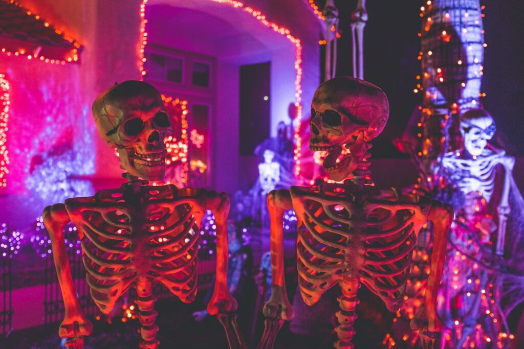 Zwei pink und orange angeleuchtete Skelette schauen sich lachend an. Im Hintergrund befindet sich ein ein Haus mit Licherketten und weiteren Skeletten geschmückt und ebenfalls pink, lila und orange beleuchtet. Ein Hintergrundskelett ist als Pirat gekleidet, auch Spinnweben sind zu erkennen.