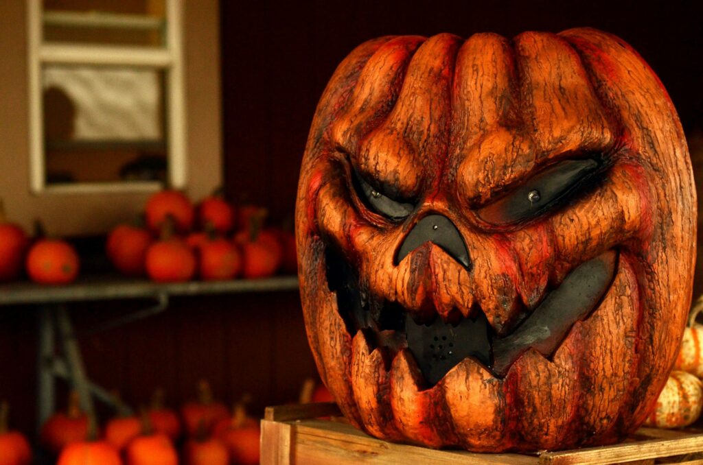 Ein Kürbis trägt eine Jack O'Lantern Fratze, die von außen geschnitzt und dann schwarz gemalt wurde. Auch wurden die Furchen des Kürbis dunkel gefärbt. Das verstärkt die düstere, knorrige Wirkung.